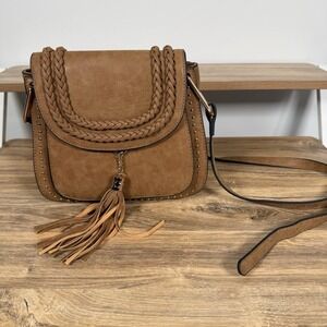 Vintage Tom Clovers tan faux leather braided tassel saddle crossbody purse‎ bag